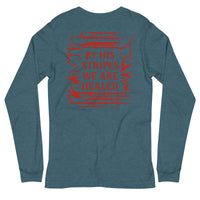 Heather teal Christian long sleeve – red gospel bold back scripture