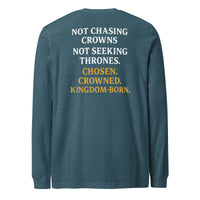 Heather teal Royalty Christian long sleeve – bold printed back word stack declaration