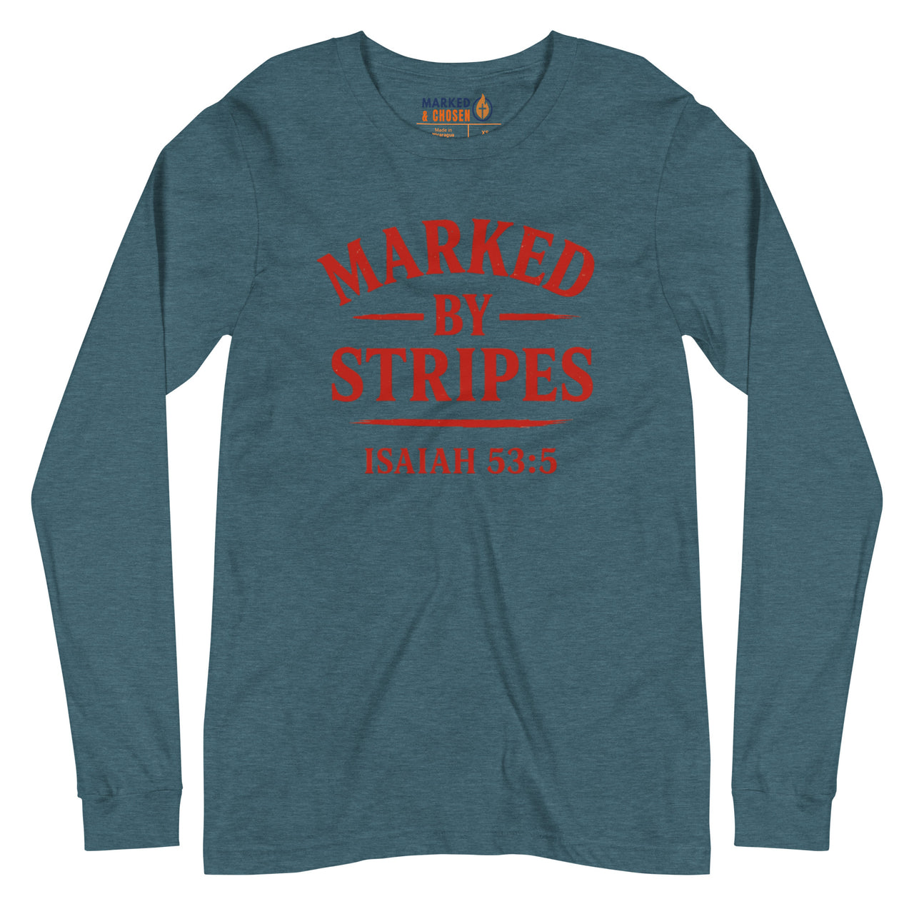 Heather teal Christian long sleeve – red gospel front design