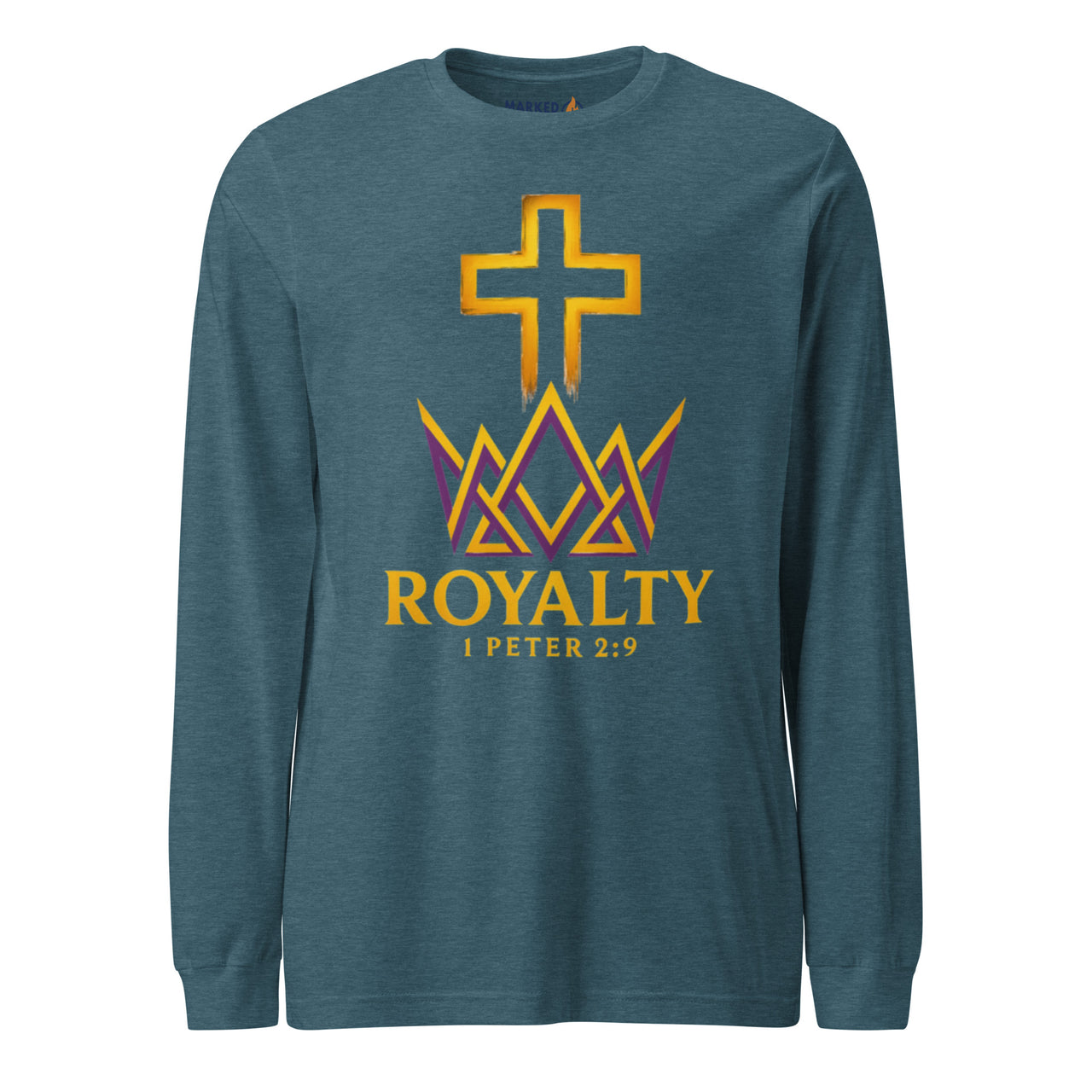 Heather teal Royalty Christian long sleeve – bold printed Kingdom front graphic