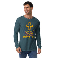 Man wearing heather teal Royalty long sleeve shirt – golden crown logo and 1 Peter 2:9