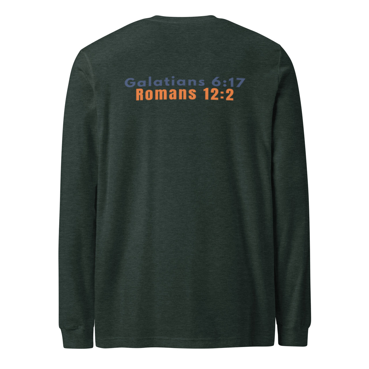 Heather forest green Christian long sleeve shirt – clean scripture back design by Marked & Chosen