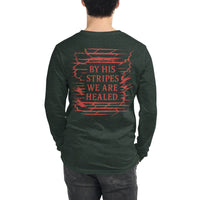 Male model in forest green long sleeve – Isaiah 53:5 red back print shown clearly