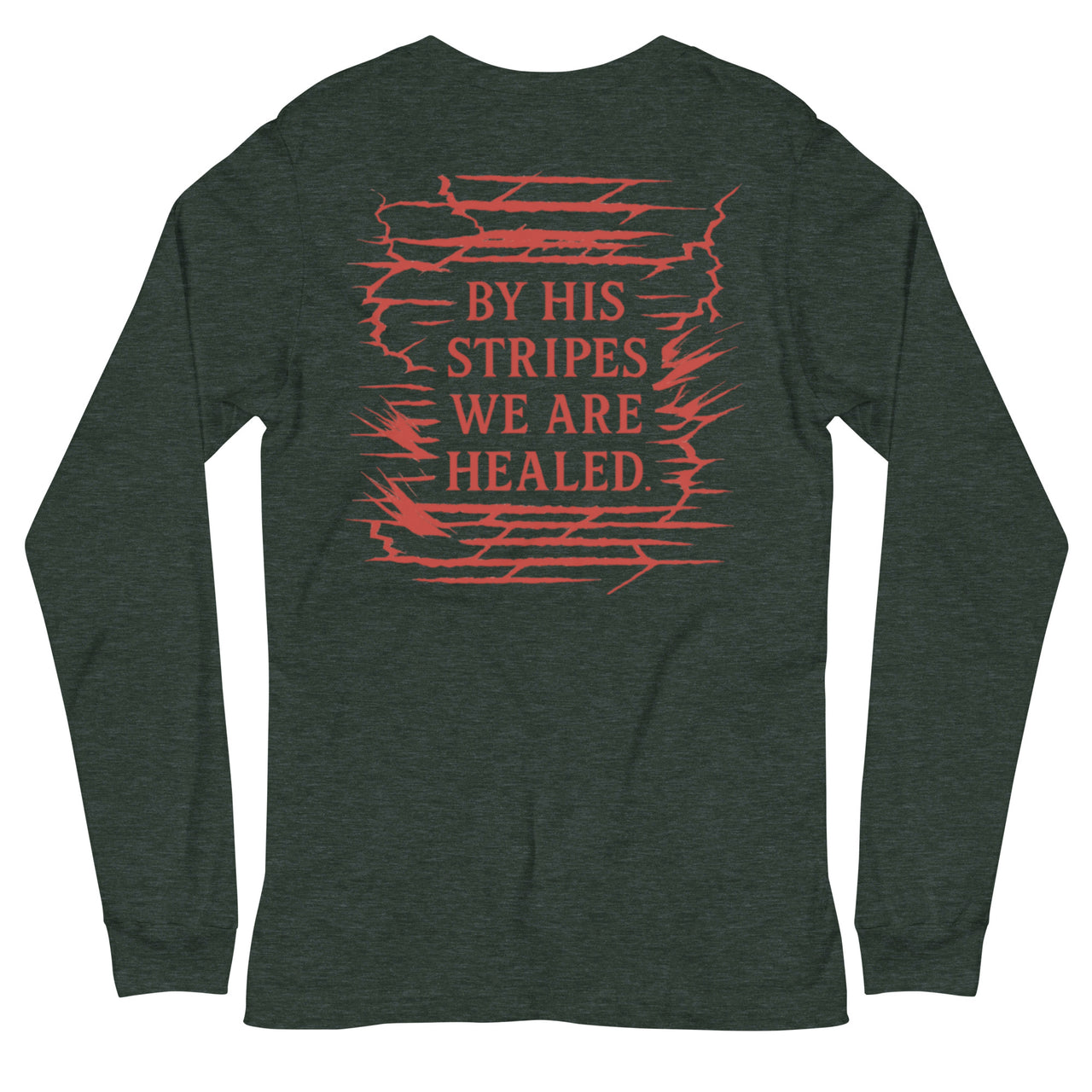 Heather forest green long sleeve Christian tee – bold red scripture back graphic