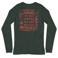 Heather forest green long sleeve Christian tee – bold red scripture back graphic