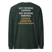 Heather forest green long sleeve Christian shirt – bold faith white/gold back message of Kingdom identity