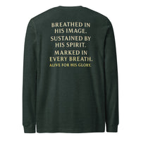 My Breath Bears His Name Long Sleeve T-Shirt Heather Forest flat lay back mockup with word stack design