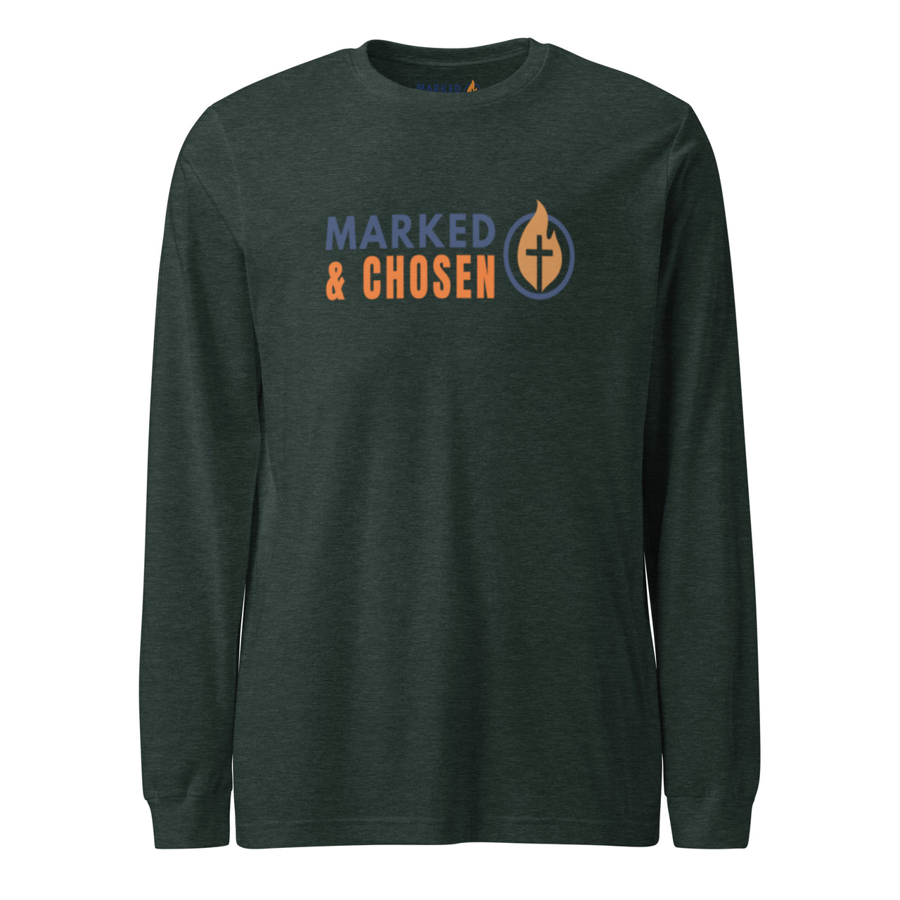 Heather forest green Christian long sleeve shirt – clean logo front design by Marked & Chosen