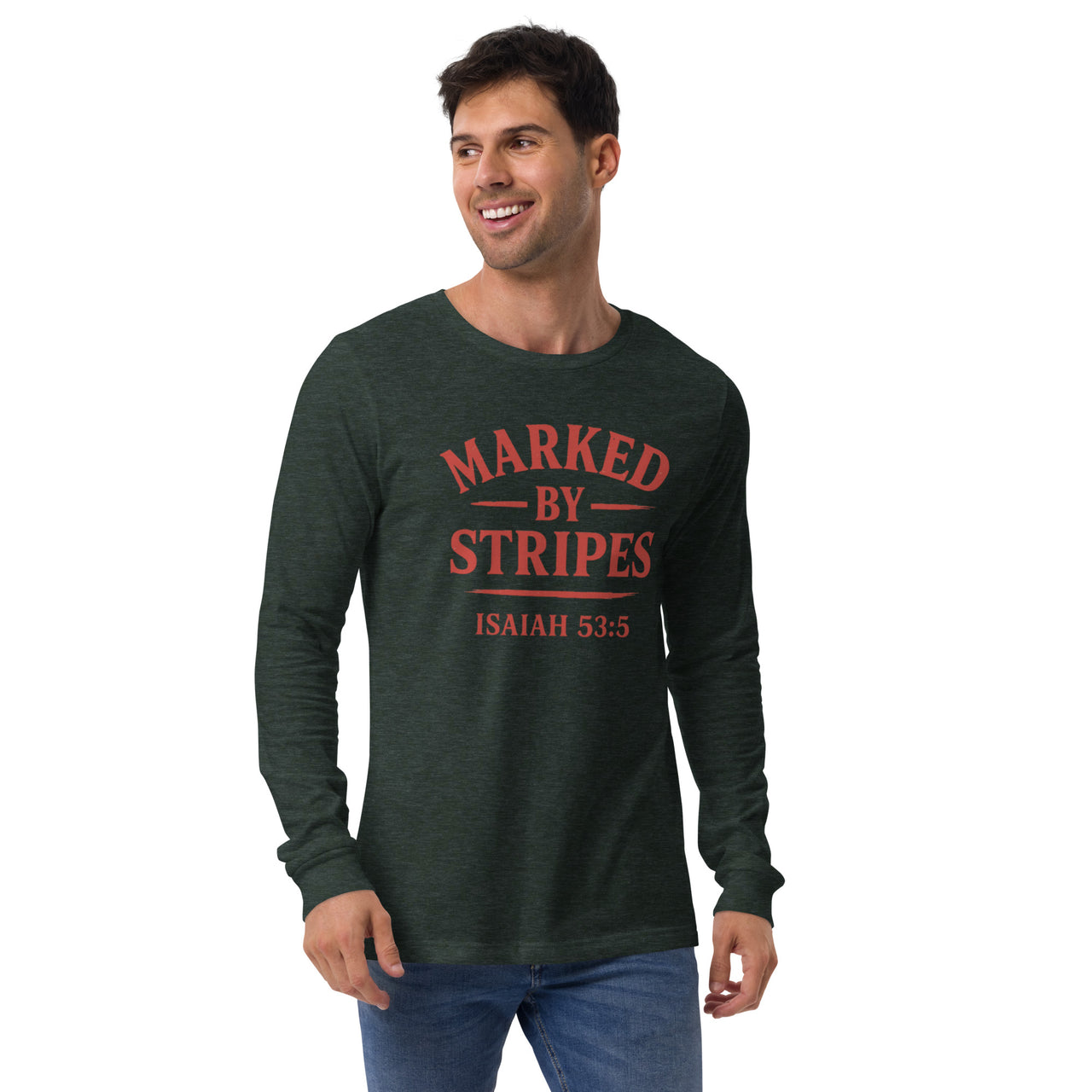 Man wearing heather forest Marked by Stripes shirt – red gospel front logo