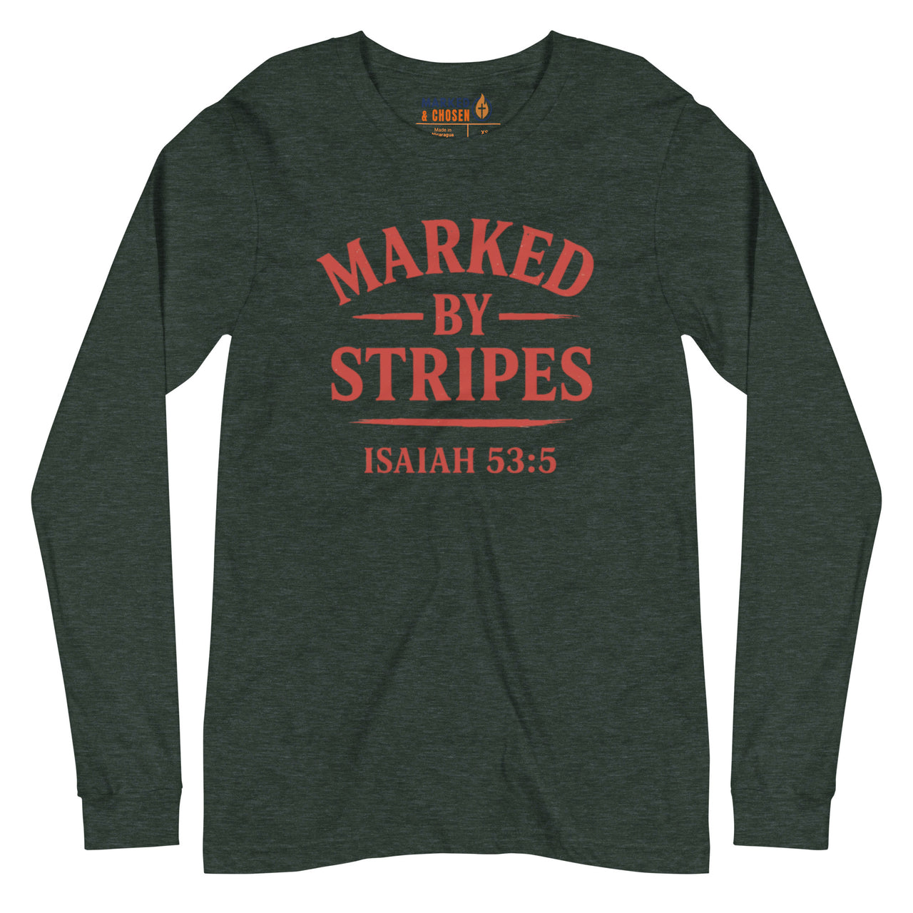 Heather forest green long sleeve Christian tee – bold red front design