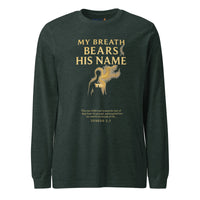 My Breath Bears His Name Long Sleeve T-Shirt Heather Forest flat lay front mockup with glowing breath silhouette design