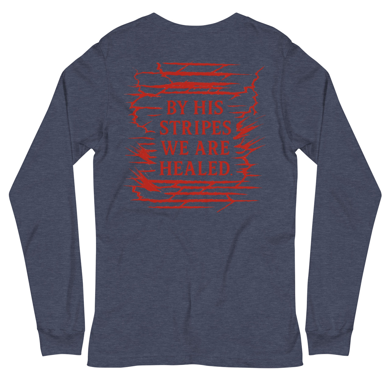 Heather navy Christian long sleeve shirt – red Isaiah 53:5 scripture back