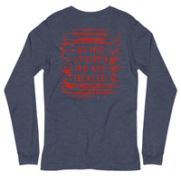 Heather navy Christian long sleeve shirt – red Isaiah 53:5 scripture back