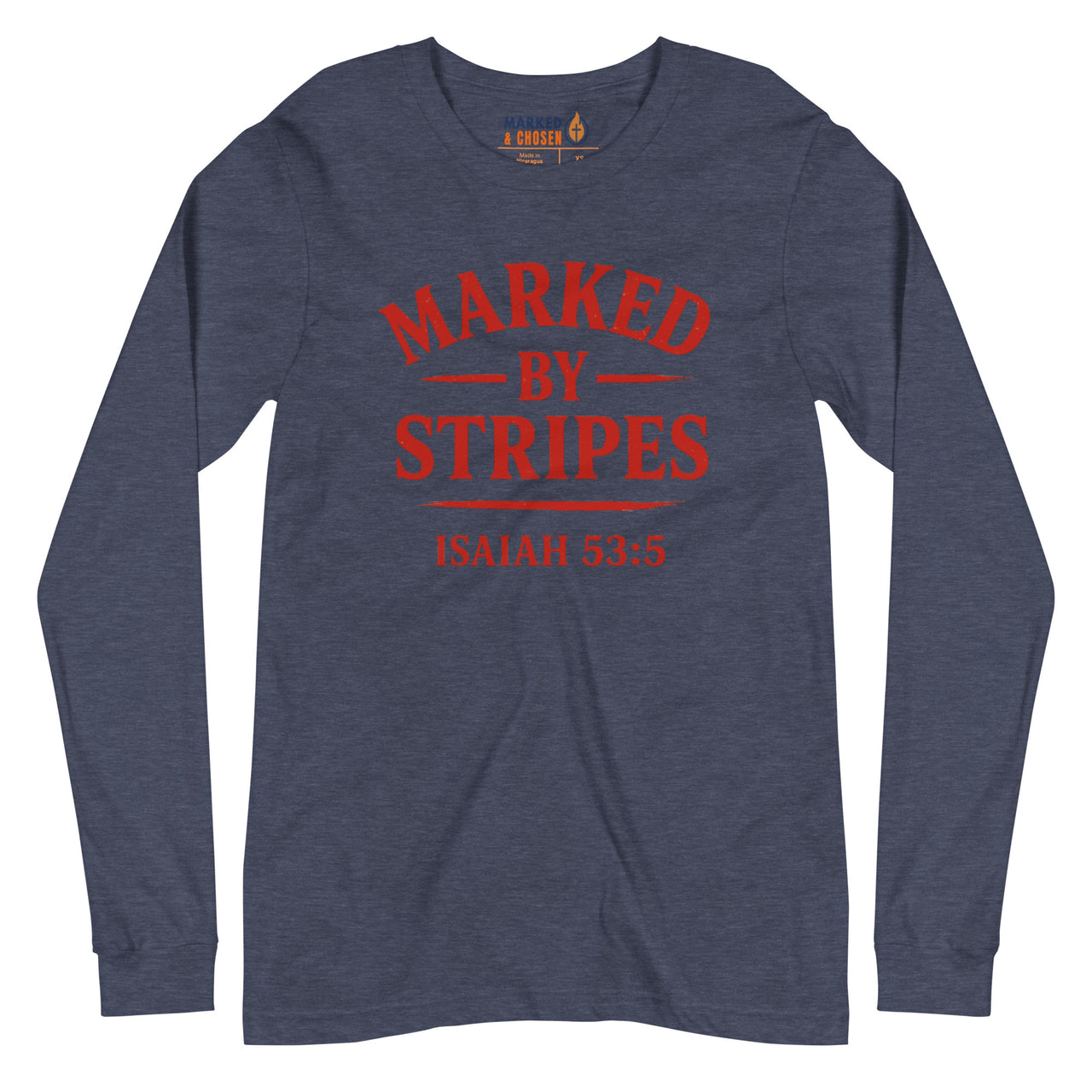Heather navy Christian long sleeve shirt – red Marked by Stripes front