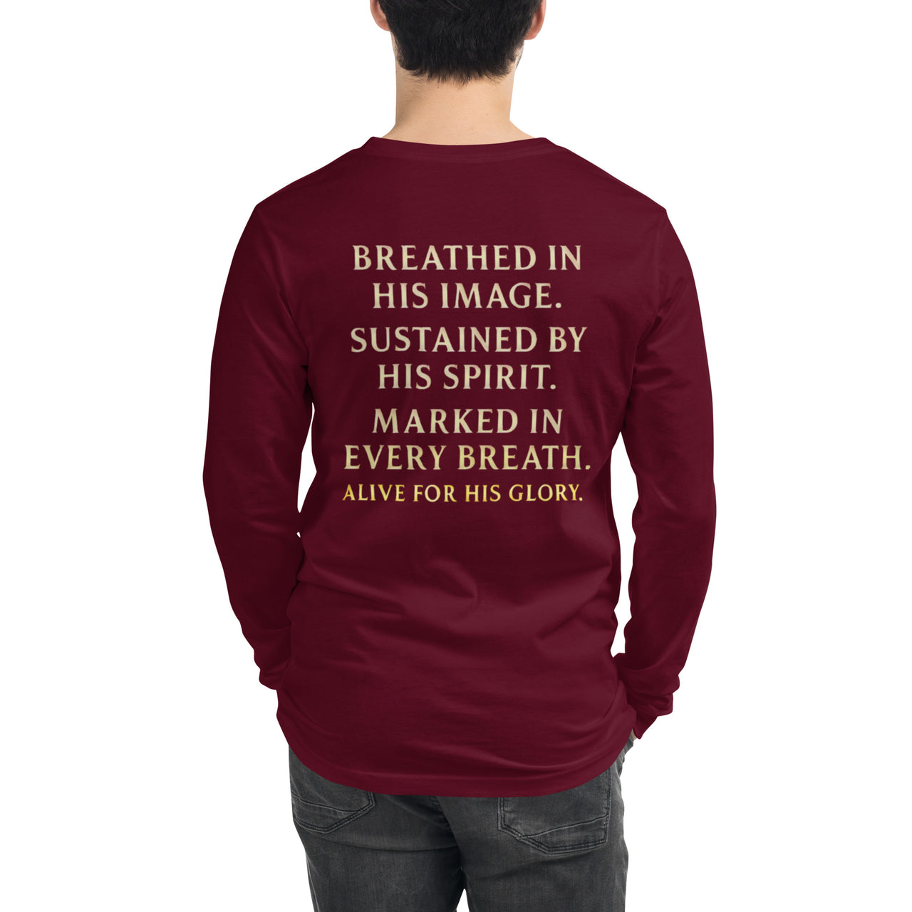 Male model wearing My Breath Bears His Name Long Sleeve T-Shirt in Maroon, back word stack design