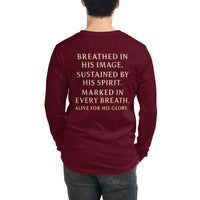 Male model wearing My Breath Bears His Name Long Sleeve T-Shirt in Maroon, back word stack design