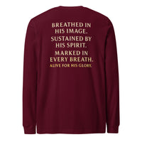 My Breath Bears His Name Long Sleeve T-Shirt Maroon flat lay back mockup with word stack design
