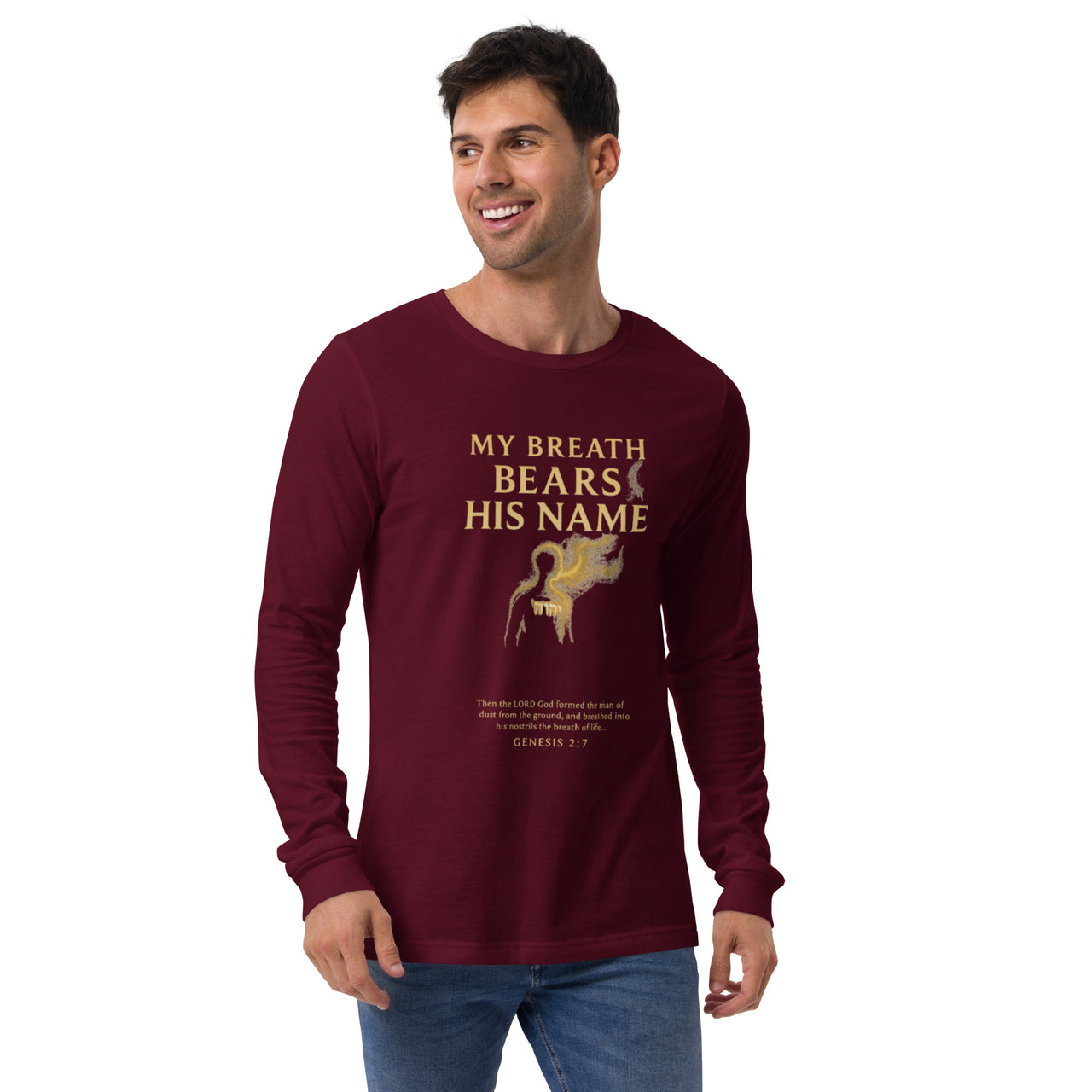Male model wearing My Breath Bears His Name Long Sleeve T-Shirt in Maroon, front glowing breath silhouette design