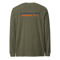 Military green Christian long sleeve tee – bold scripture back for spiritual warriors