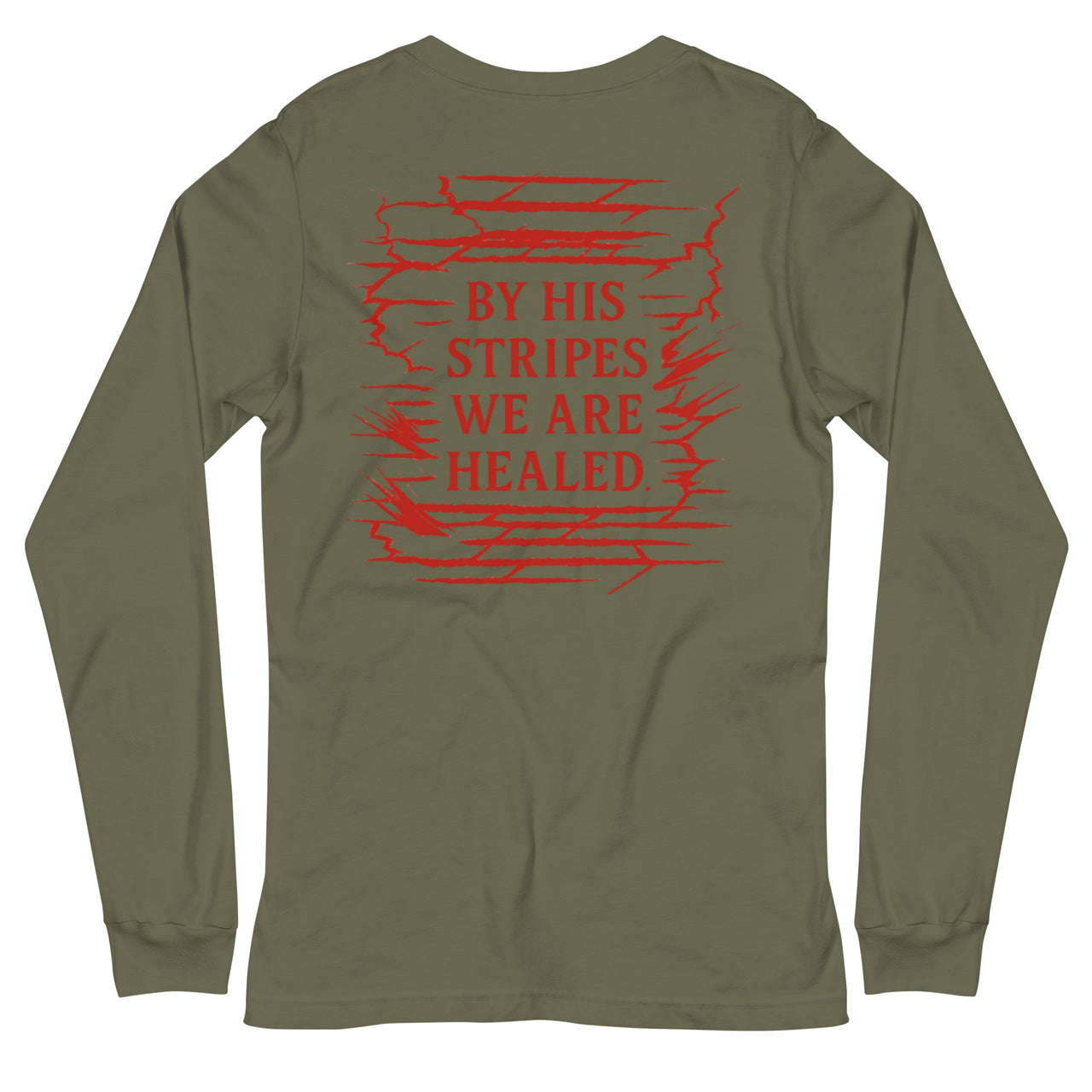 Military green long sleeve gospel tee – red full scripture back print