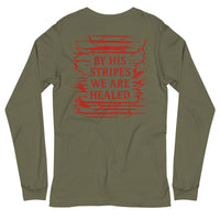 Military green long sleeve gospel tee – red full scripture back print