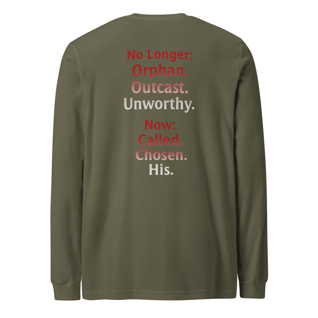 Renamed Long Sleeve T-Shirt Military Green flat lay mockup showing back word stack design.