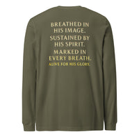 My Breath Bears His Name Long Sleeve T-Shirt Military Green flat lay back mockup with word stack design