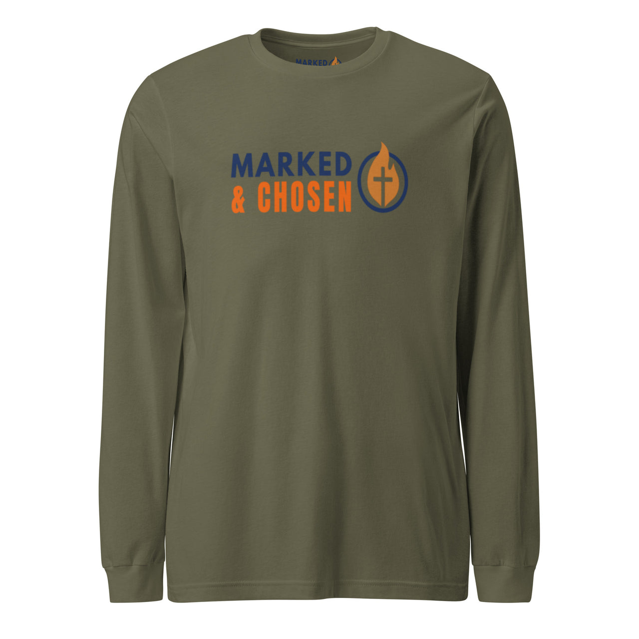Military green Christian long sleeve tee – bold logo front for spiritual warriors