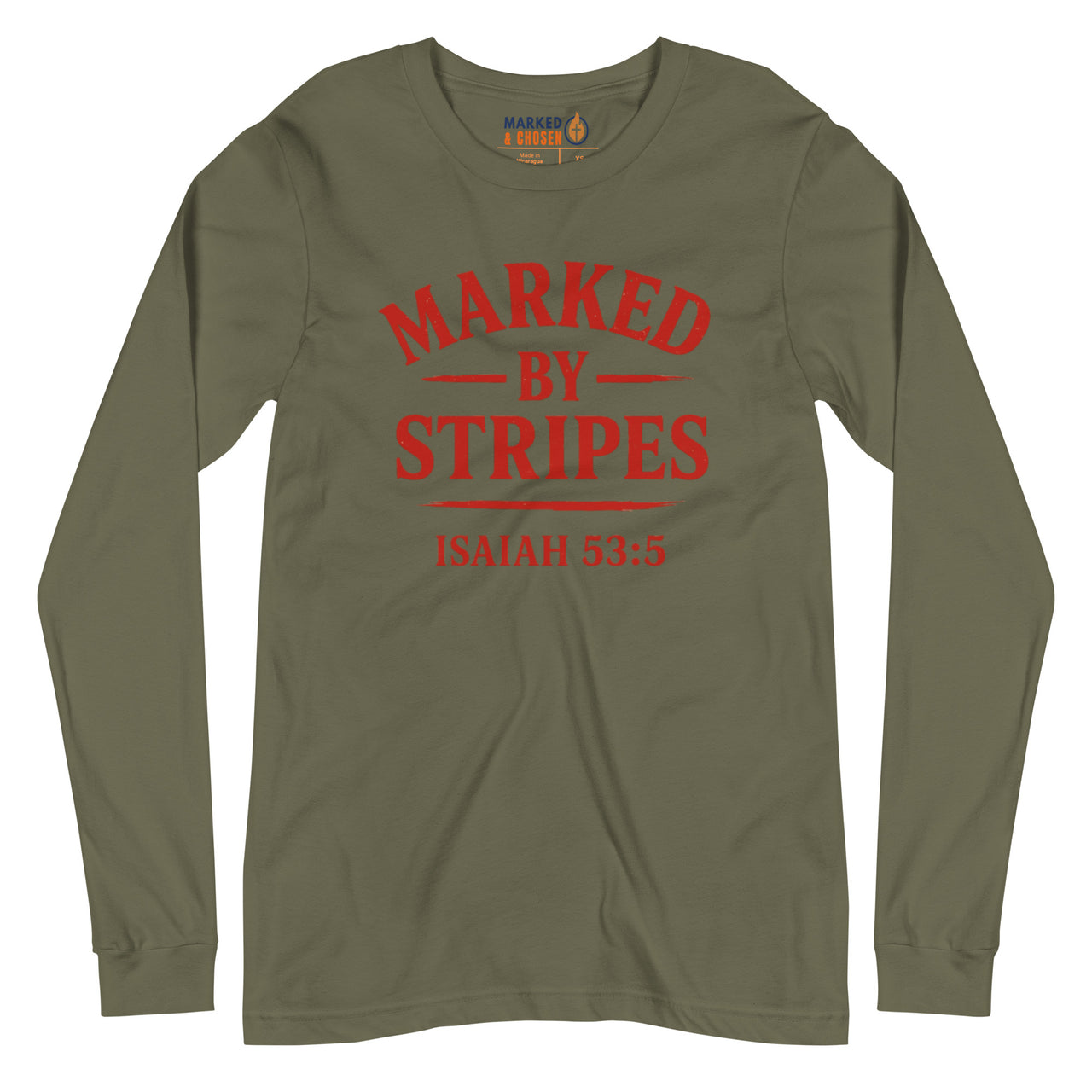 Military green long sleeve gospel tee – red Marked by Stripes front