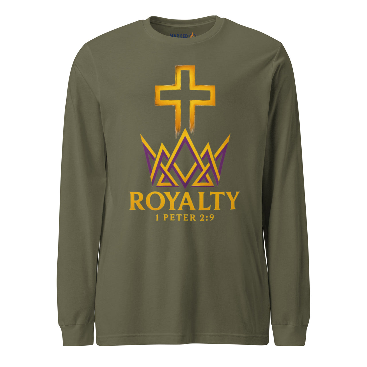 Military green Royalty Christian long sleeve – golden crown and scripture front