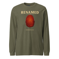 Renamed Long Sleeve T-Shirt Military Green flat lay mockup showing front fingerprint design.