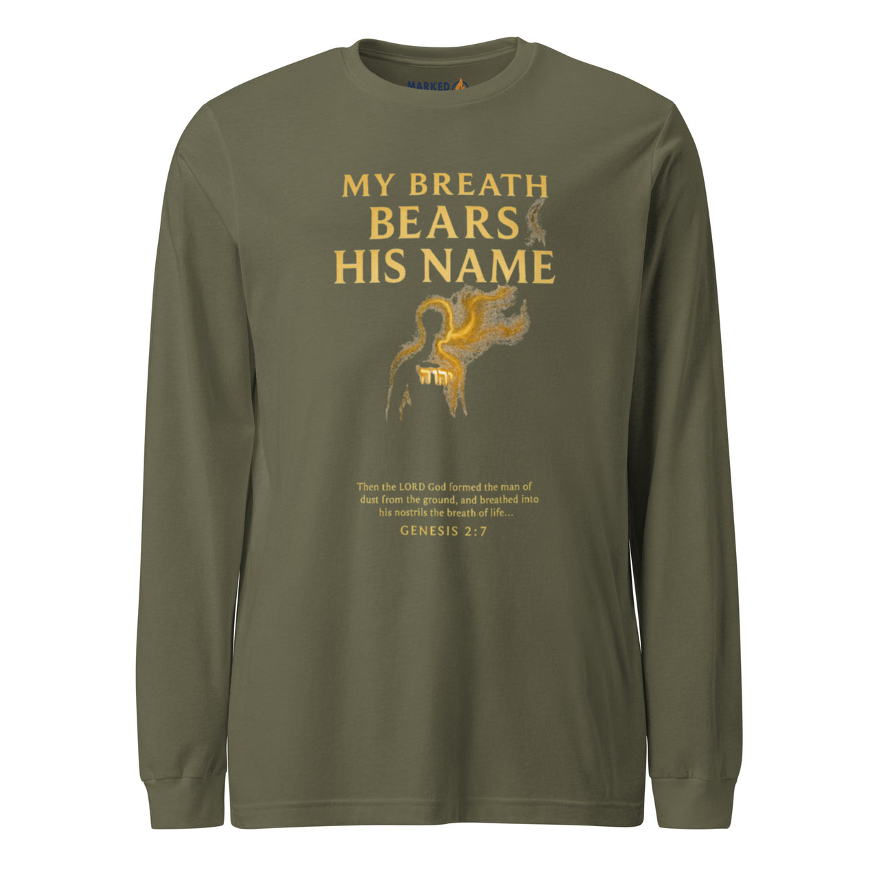My Breath Bears His Name Long Sleeve T-Shirt Military Green flat lay front mockup with glowing breath silhouette design