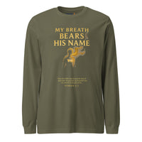 My Breath Bears His Name Long Sleeve T-Shirt Military Green flat lay front mockup with glowing breath silhouette design
