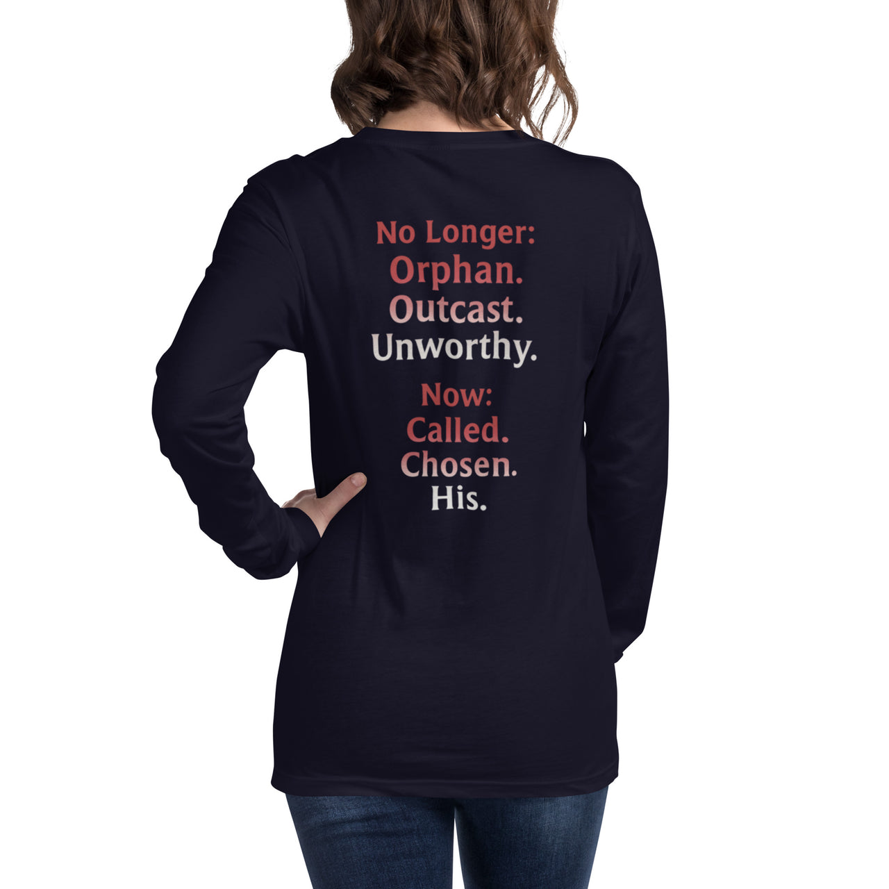 Female model wearing Renamed Long Sleeve T-Shirt in Navy, back word stack design