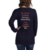 Female model wearing Renamed Long Sleeve T-Shirt in Navy, back word stack design