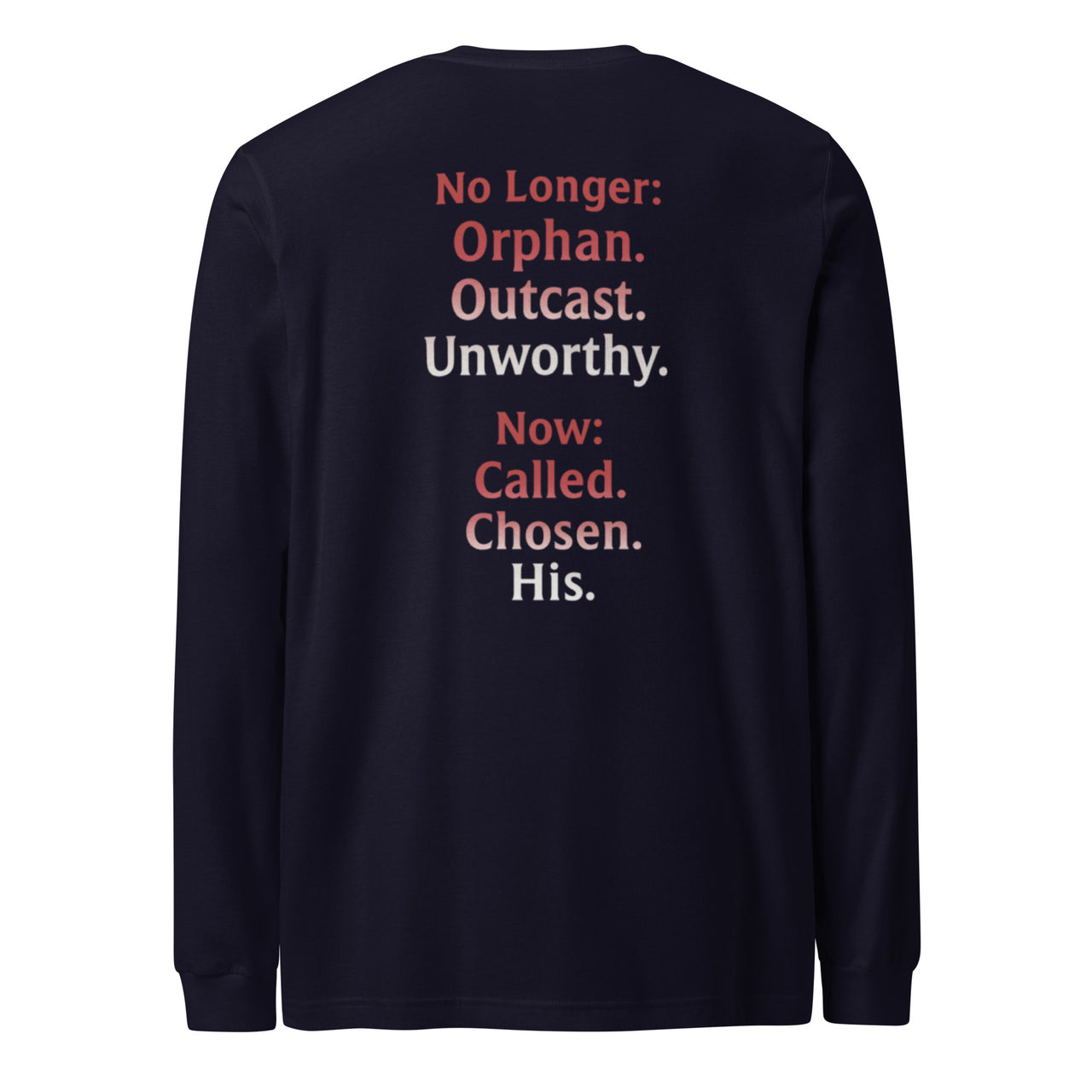 Renamed Long Sleeve T-Shirt Navy flat lay mockup showing back word stack design.