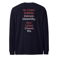 Renamed Long Sleeve T-Shirt Navy flat lay mockup showing back word stack design.