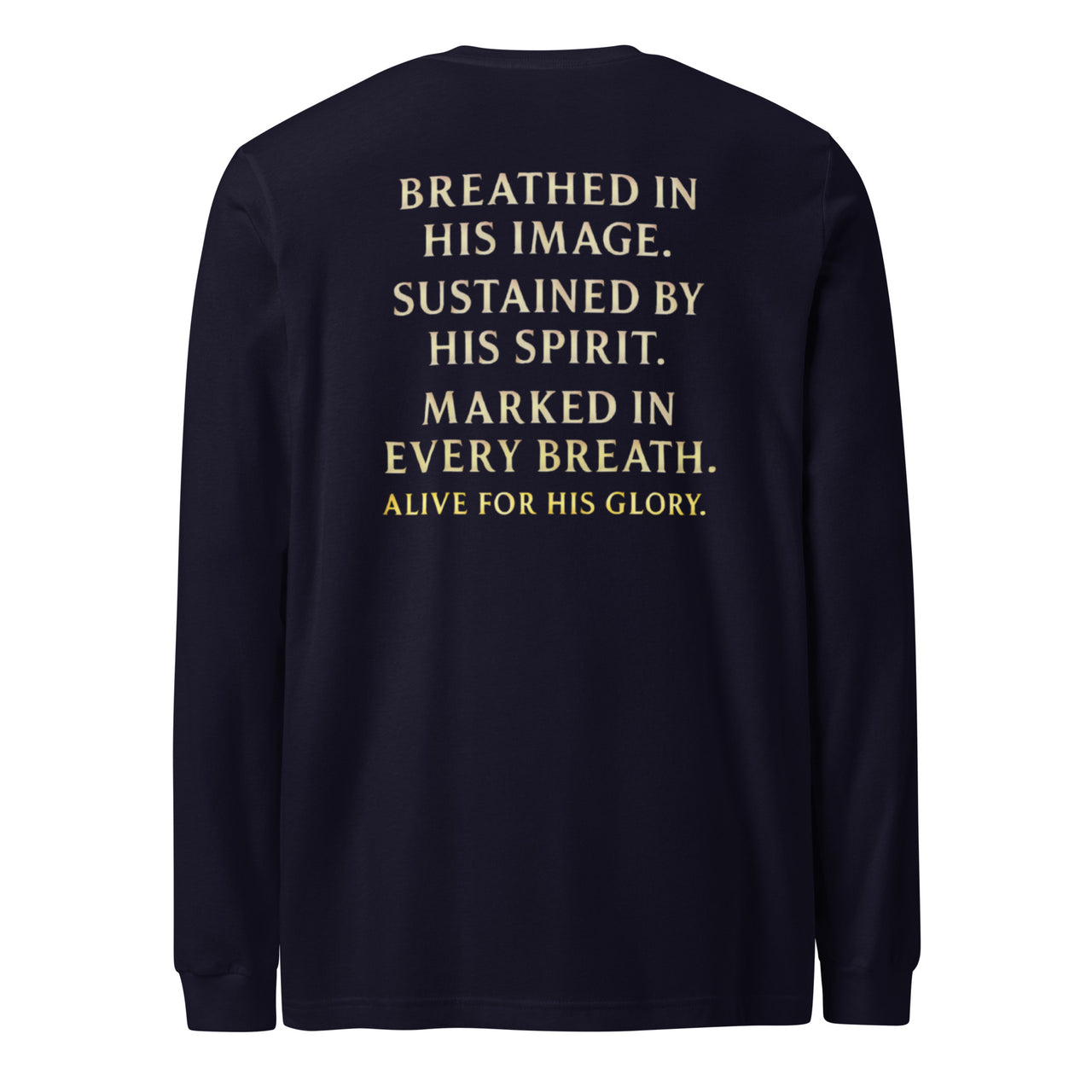 My Breath Bears His Name Long Sleeve T-Shirt Navy flat lay back mockup with word stack design