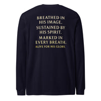 My Breath Bears His Name Long Sleeve T-Shirt Navy flat lay back mockup with word stack design