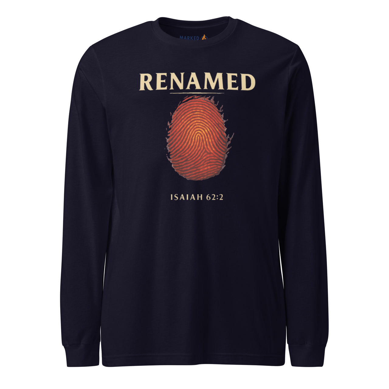 Renamed Long Sleeve T-Shirt Navy flat lay mockup showing front fingerprint design.