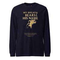 My Breath Bears His Name Long Sleeve T-Shirt Navy flat lay front mockup with glowing breath silhouette design