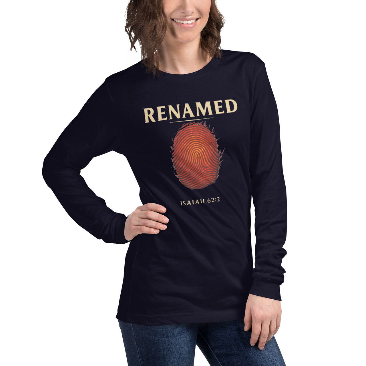 Female model wearing Renamed Long Sleeve T-Shirt in Navy, front fingerprint design