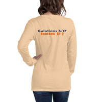 Female model in sand dune gospel shirt – scripture design boldly printed on the back