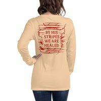 Female model wearing sand dune long sleeve Christian shirt – Isaiah 53:5 printed on the back