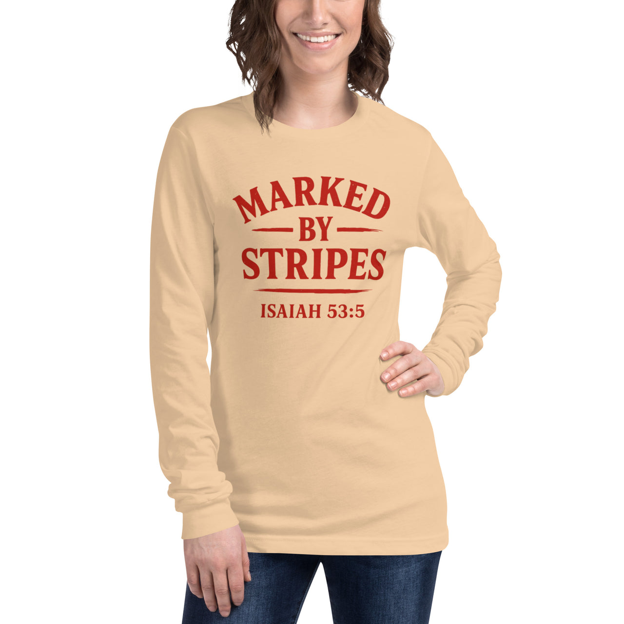 Woman in sand dune Marked by Stripes long sleeve shirt – red logo displayed on front