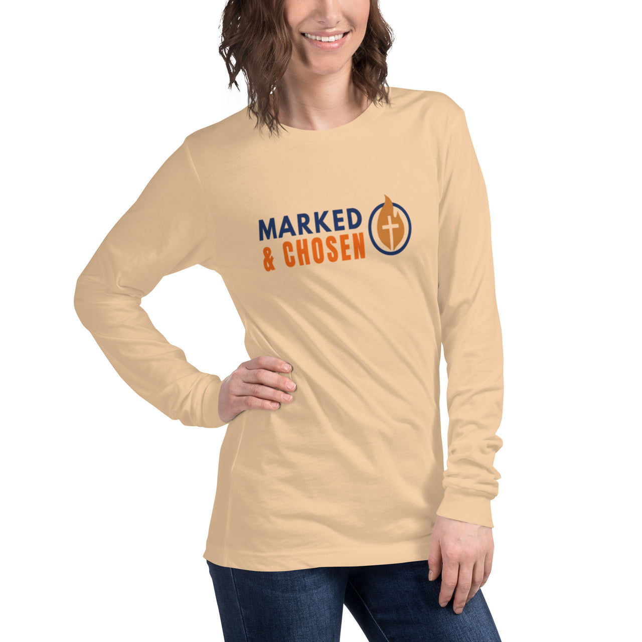 Woman in sand dune Christian long sleeve tee – minimalist front logo for bold faith expression