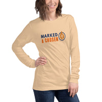 Woman in sand dune Christian long sleeve tee – minimalist front logo for bold faith expression
