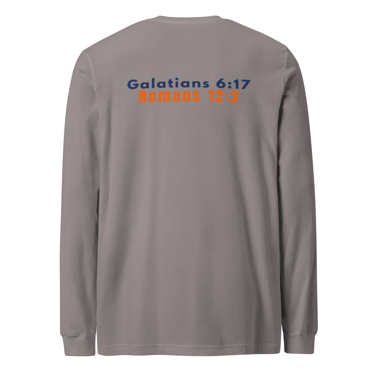 Storm color Christian long sleeve shirt – clean scripture back print by Marked & Chosen