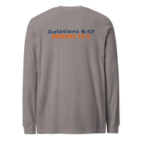 Storm color Christian long sleeve shirt – clean scripture back print by Marked & Chosen