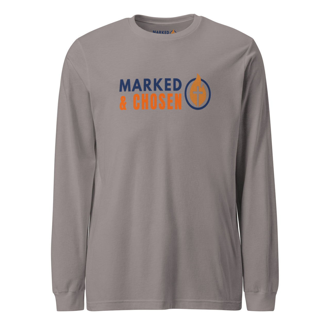 Storm color Christian long sleeve shirt – clean front logo by Marked & Chosen